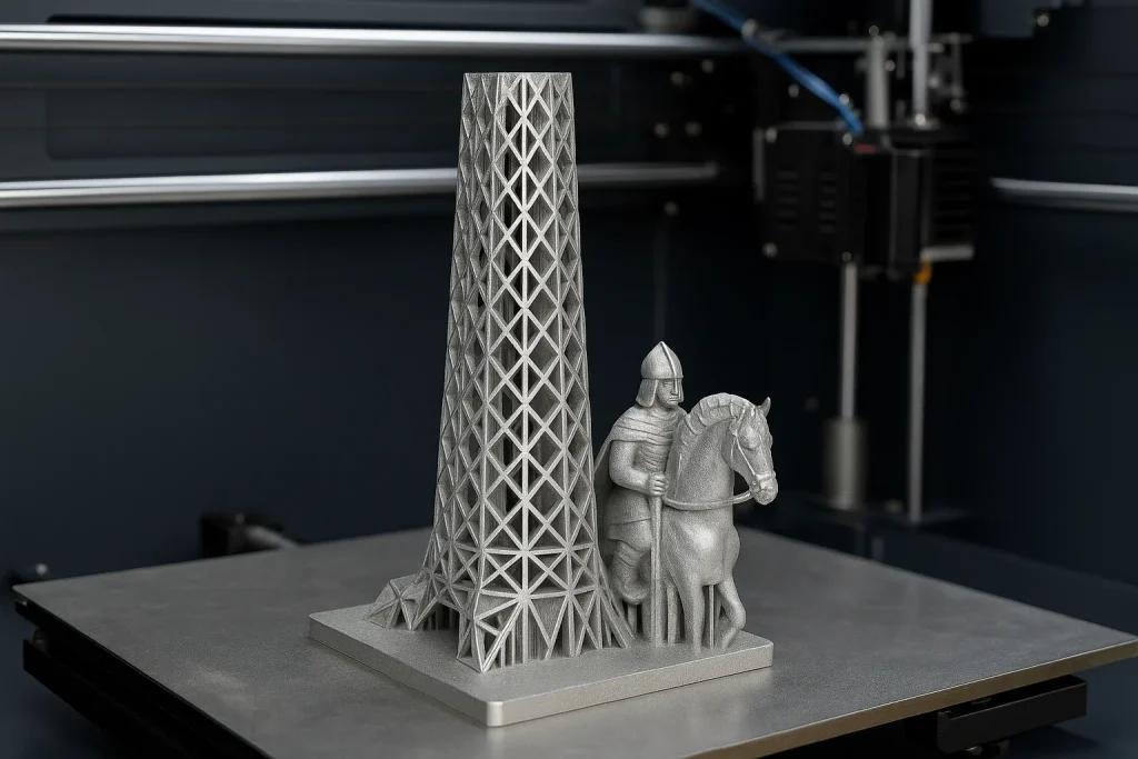 Model architektoniczny 3D wydrukowany z aluminium, przedstawiający wysoką, geometryczną konstrukcję i rycerza na koniu, ustawiony na platformie drukarki 3D w nowoczesnym wnętrzu.